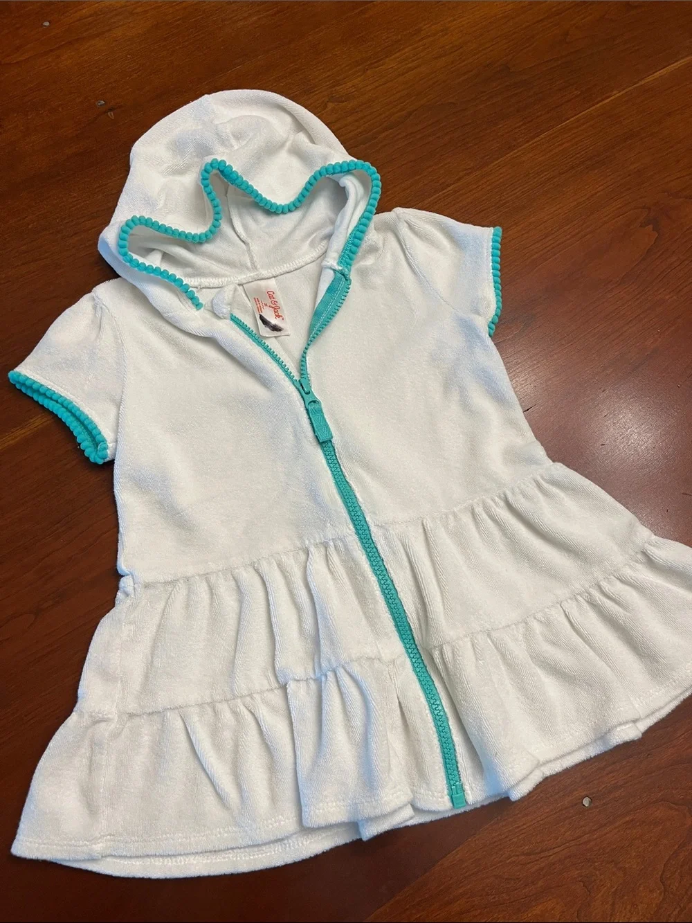Cat & Jack White Hooded Zip-Up Swim Cover Up with Turquoise Trim